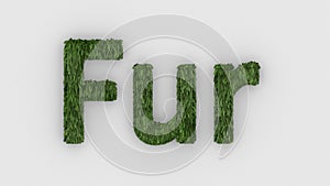 Fur - green word 3d isolated on white background, realistic render of furry letters illustration. natural combination fur. fur