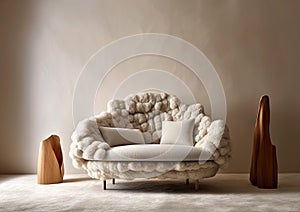 Fur loveseat sofa near empty beige stucco wall. Minimalist interior design of modern living room. Created with generative AI