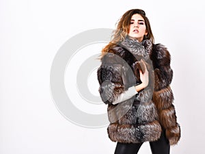 Fur store model enjoy warm in soft fluffy coat with collar. Fur fashion concept. Winter elite luxury clothes. Woman