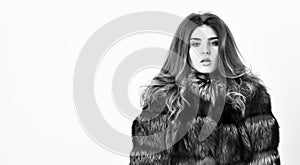 Fur store model posing in soft fluffy warm coat. Pretty fashionista. Woman makeup and hairstyle posing mink or sable fur