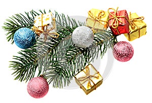 Fur-tree branch, Christmas spheres and gifts