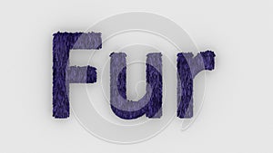 Fur - violet word 3d isolated on white background, realistic render of furry letters illustration. natural combination fur. fur