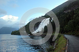 Furebergsfossen waterfall in Kvinnherad, Hordaland county, Norway.