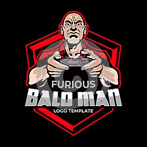 Furious Bald Man Gamer Holding Joystick in Anger Esport Logo Template