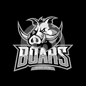 Furious boar sport club vector logo concept on dark background.
