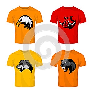 Furious boar, wolf, panther and eagle head sport vector logo concept set on color t-shirt mockup.