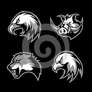 Furious boar, wolf, panther and eagle head sport vector logo concept set isolated on black background.