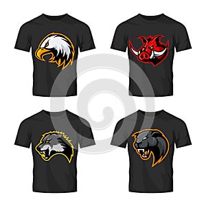 Furious boar, wolf, panther and eagle head sport vector logo concept set isolated on black t-shirt mockup.