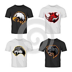 Furious boar, wolf, panther and eagle head sport vector logo concept set isolated on color t-shirt mockup.