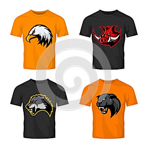 Furious boar, wolf, panther and eagle head sport vector logo concept set isolated on color t-shirt mockup.