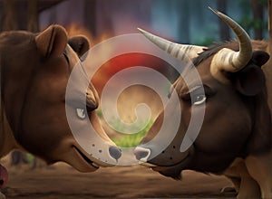 A furious bull confronts a determined bear, symbolizing the ongoing battle between buyers and sellers in stock trading for bullish