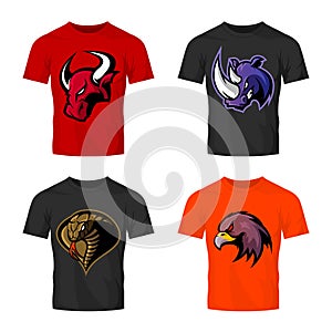 Furious bull, rhino, cobra and eagle head sport vector logo concept set isolated on t-shirt mockup.