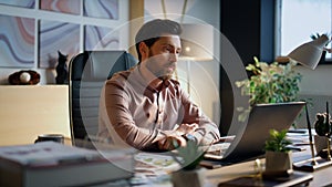 Furious businessman shouting online conference sitting office workspace close up