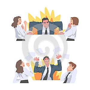Furious Chief Screaming and Yelling in Anger at Scared Employee Vector Set