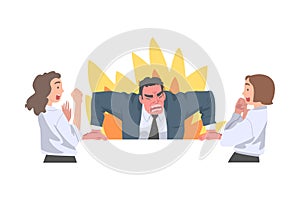 Furious Chief Screaming and Yelling in Anger at Scared Female Employee Vector Illustration