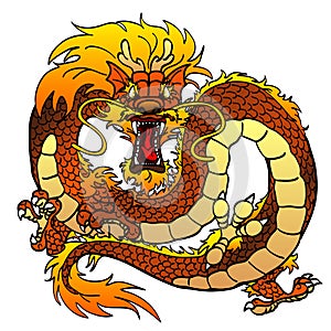 Furious dark-yellow Asian dragon on white