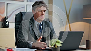 Furious guy shouting virtual conference office closeup. Angry man showing papers