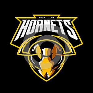Furious hornet head athletic club vector logo concept isolated on black background.