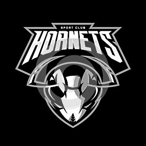 Furious hornet head athletic club vector logo concept isolated on black background.