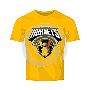 Furious hornet head athletic club vector logo concept isolated on orange t-shirt mockup.