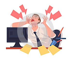 Furious Man Office Employee with Fierce Face Shouting and Screaming Out Loud Vector Illustration