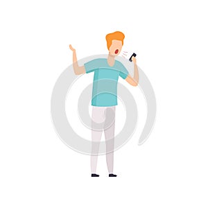 Furious man shouting into a mobile phone, emotional guy feeling anger vector Illustration on a white background