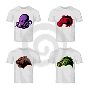 Furious octopus, bear, alligator and horse head sport vector logo concept set on color t-shirt mockup.Furious octopus, be