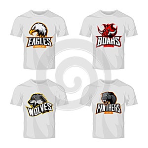 Furious panther, wolf, eagle and boar sport vector logo concept set on white t-shirt mockup.