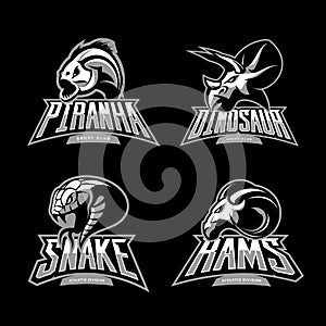 Furious piranha, ram, snake and dinosaur head sport vector logo concept set isolated on black background.