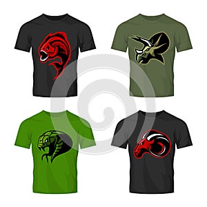 Furious piranha, ram, snake and dinosaur head sport vector logo concept set on t-shirt mockup.