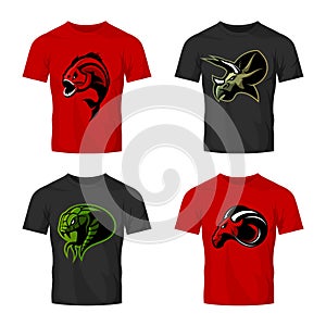 Furious piranha, ram, snake and dinosaur head sport vector logo concept set on t-shirt mockup.