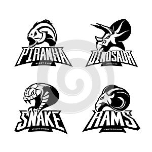 Furious piranha, ram, snake and dinosaur head sport vector logo concept set on white background.