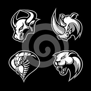 Furious rhino, bull, cobra and panther sport vector logo concept set isolated