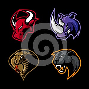 Furious rhino, bull, cobra and panther sport vector logo concept set isolated on black background.