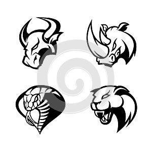 Furious rhino, bull, cobra and panther sport vector logo concept set isolated on white background.