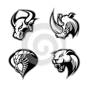 Furious rhino, bull, cobra and panther sport vector logo concept set on white background.