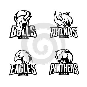 Furious rhino, bull, eagle and panther mono sport vector logo concept set isolated on white background.