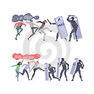 Furious Rioters with Smoke Grenade Fighting with Armed Police Officers Vector Illustration Set photo