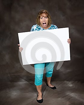 Furious Screaming Woman Holding Blank Sign