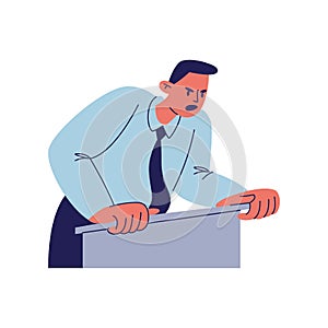 Furious speech behind the podium. A man in a blue shirt with a tie is talking in a shirt and tie. Vector illustration of