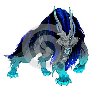 Furious werewolf with black and blue mane