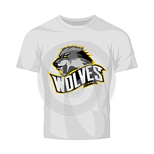 Furious wolf sport vector logo concept isolated on white t-shirt mockup