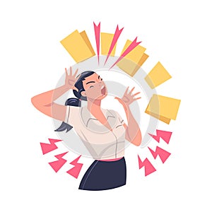 Furious Woman Office Employee with Fierce Face Shouting and Screaming Out Loud Vector Illustration