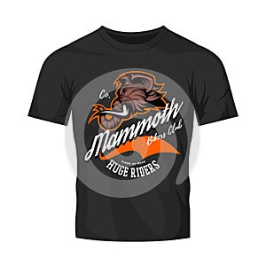 Furious woolly mammoth bikers gang club vector logo concept isolated on black t-shirt mock up.