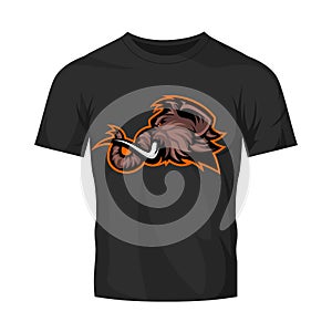 Furious woolly mammoth head sport vector logo concept isolated on black t-shirt mock up.