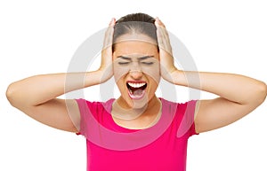 Furious Young Woman Covering Ears With Hands