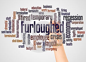 Furloughed word cloud and hand with marker concept