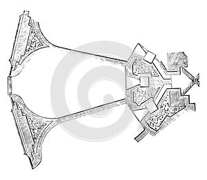 Furnace Eaton sectional plan, vintage engraving