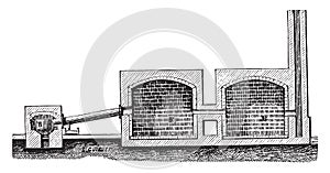 Furnace for the production of black smoke, vintage engraving
