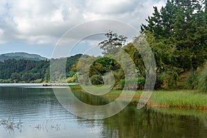 Furnas Lagoon. Azores are a holiday destination with wonderful natural landscapes. Sao Miguel Island with lagoons and mountains th